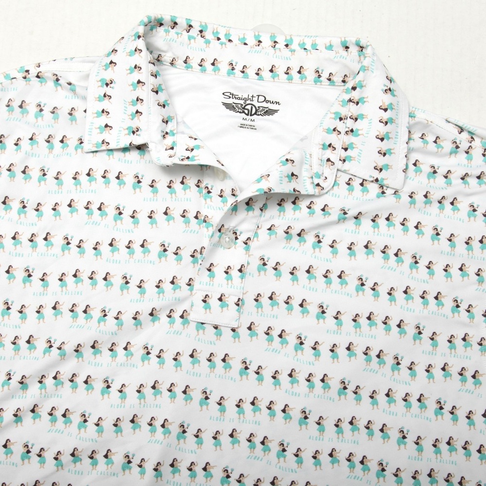 Straight Down Polo Shirt Mens Medium White Aloha Is Calling Hula Print Golf